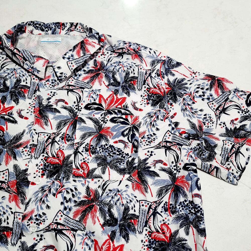 Columbia PFG Hawaiian Shirt Men Marlin Palm Vented Performance Fishing Gear NWOT
